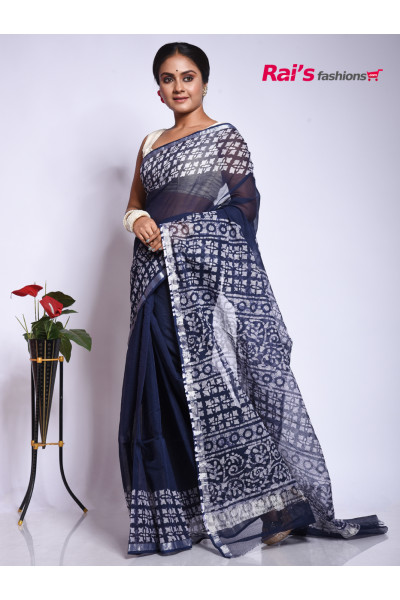 Batik Printed Pure Chanderi Silk Cotton Kota Weaving Saree With Highlighted One Inch Silver Zari Border (KR23)